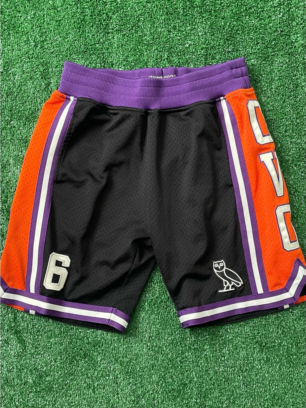 OVO Black Mesh Shorts with Purple Waistband and Orange Panels